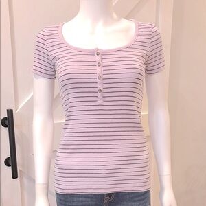 Lavender Ribbed Knit Scoop Neck Half Button Down Short Sleeve T-Shirt Top